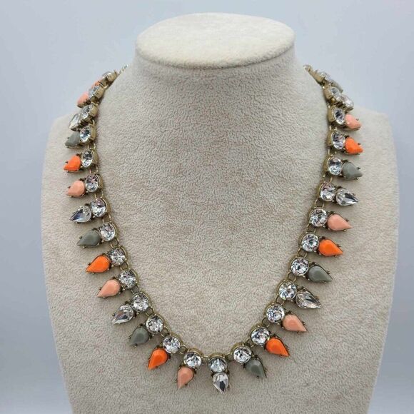 J Crew Pink Gray Resin Clear Crystal Chunky Vintage Necklace - Picture 1 of 11